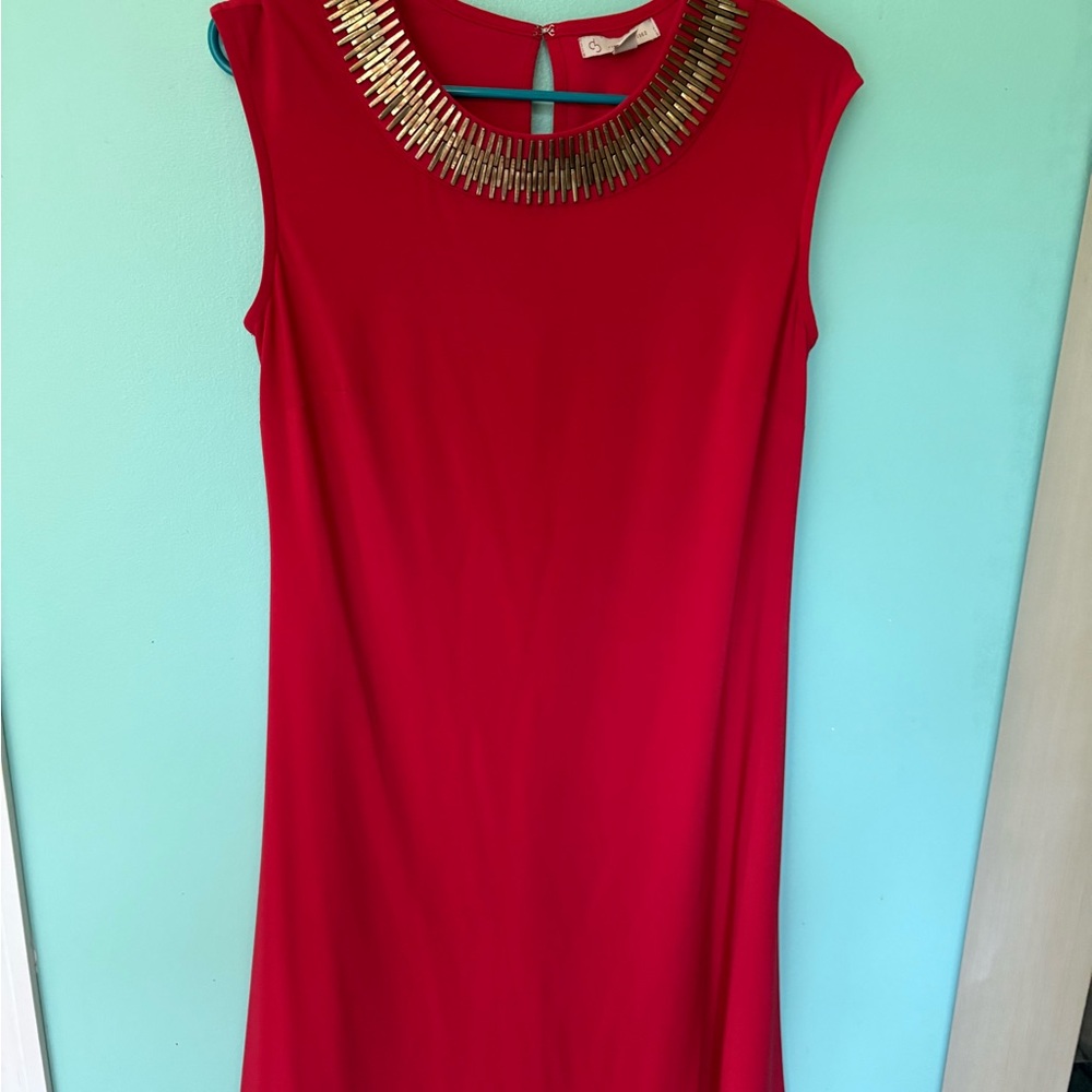 Elegant Red Sleeveless Dress with Gold Accents